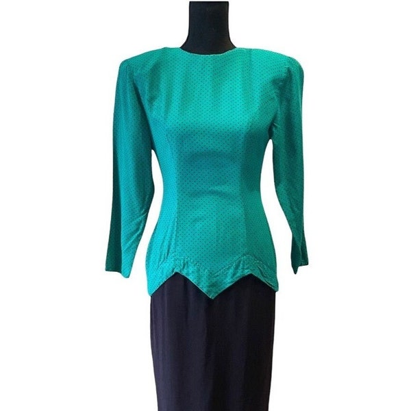 Vintage Phoebe teal & Black 80's cocktail club dress 5/6 drop V-waist shoulder pads USA