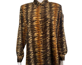 Vintage Beverly Rose USA XL collared animal print long sleeve button front top silky Mod punk