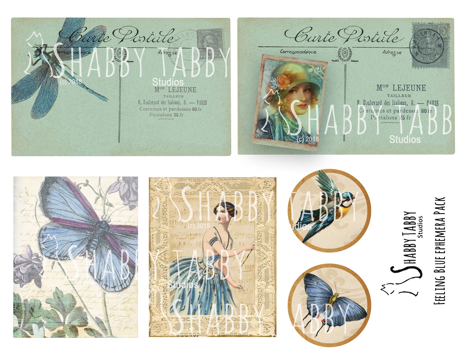 DIGITAL Blue Vintage Inspired Ephemera Pack Etsy