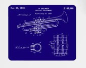 Trumpet 1939 Patent Art Print Mouse Mat, H Selmer Patent, Music Art, Musician Gift, Mousemat, Mousepad, 9 Different Backgrounds Available