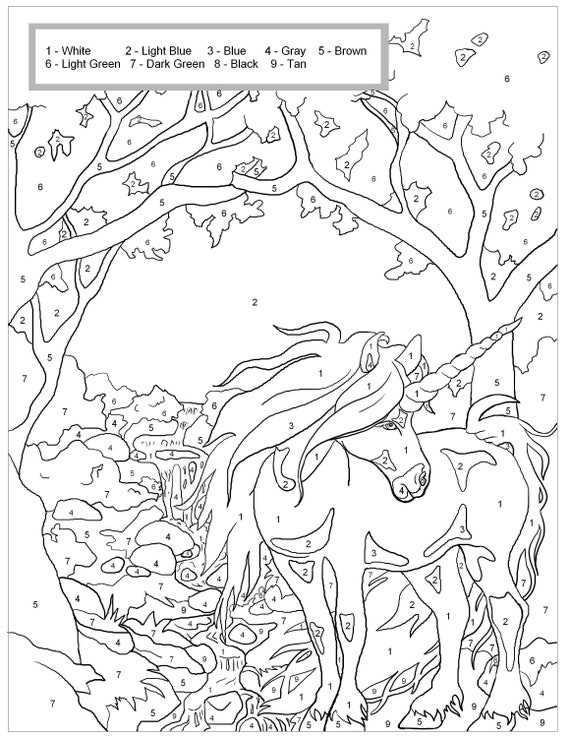 color by number unicorn forest printable worksheet etsy