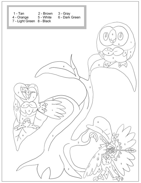 Color By Number Rowlett Pokemon Printable Worksheet Etsy