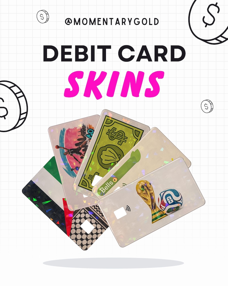 Op de afbeelding: Een collectie debitcard-stickers met diverse ontwerpen, waaronder een basketbalspeler, een groen valutamotief, een spel-thema kaart met de tekst Bells en een voetbaltrofee. De kaarten zijn voorzien van een holografische afwerking.
