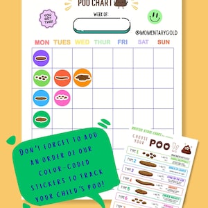 May include: A white "Poo Chart" with a weekly calendar, smiley face, and poop illustrations. Includes a Bristol Stool Chart and a green speech bubble with text. Color-coded stickers are also shown.