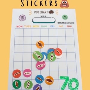 May include: A white Bristol Poo Chart with a grid, days of the week, and the text "POO CHART". Includes colorful stickers with various poop illustrations. The text "70 Stickers!" is in green.