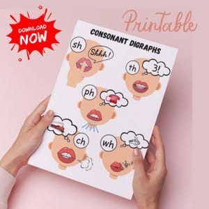May include: A white printable educational poster held by hands, featuring illustrations of mouths demonstrating consonant digraphs. The poster includes the words "CONSONANT DIGRAPHS", "DOWNLOAD NOW", and "Printable".