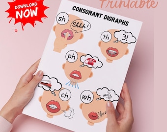 Può includere: Un poster educativo stampabile bianco tenuto in mano, con illustrazioni di bocche che dimostrano digrafi consonantici. Il poster include le parole "CONSONANT DIGRAPHS", "DOWNLOAD NOW" e "Printable".