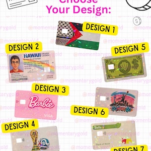 Op de afbeelding: Een verzameling van zeven rechthoekige creditcardstickers met diverse ontwerpen: een vlag met patroon, een rijbewijs uit Hawa&iuml;, een roze Barbie-logo, een voetbaltrofee, een groen dollarteken, een basketballer en een Bank of Nook-kaart.
