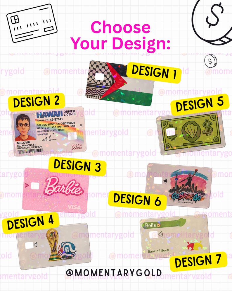 Op de afbeelding: Een verzameling van zeven rechthoekige creditcardstickers met diverse ontwerpen: een vlag met patroon, een rijbewijs uit Hawa&iuml;, een roze Barbie-logo, een voetbaltrofee, een groen dollarteken, een basketballer en een Bank of Nook-kaart.
