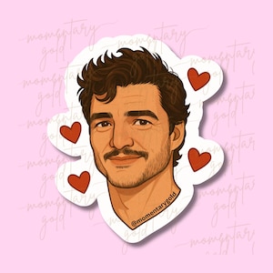 May include: A sticker featuring a stylized illustration of a man with brown hair and a mustache, surrounded by red hearts. The sticker has a white border and the text "@momentarygold" is visible.