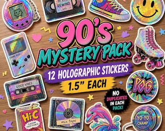 Pack de pegatinas holográficas misteriosas de los 90 / 12 pegatinas retro de vinilo / Pegatinas de 3,8 cm / Bolsa sorpresa nostálgica / Regalo para niños de los 90 / Pack de pegatinas