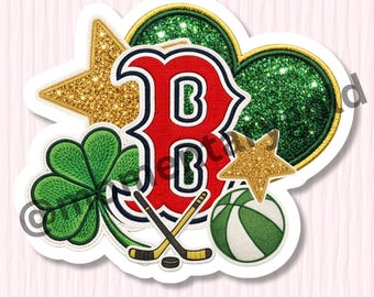 May include: A sticker featuring a red letter "B" with a white outline, a gold glitter star, a green shamrock, crossed hockey sticks, a green and white ball, and a green glitter heart.