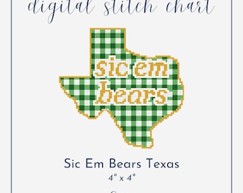 Gingham Sic Em Bears Texas - Digital Needlepoint Chart