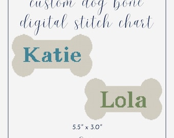 May include: A digital cross-stitch pattern for a dog bone with the names "Katie" and "Lola" in green and blue lettering. The pattern is 14 cm by 7.6 cm.