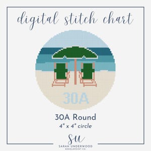 May include: A digital cross stitch pattern of a beach scene with two chairs under an umbrella. The pattern is 4 inches by 4 inches and is called "30A Round".