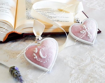 Set of pale pink heart shaped crib medals for babies, cross in little florers hand embroidered and initial letter, baptism baby girl gift