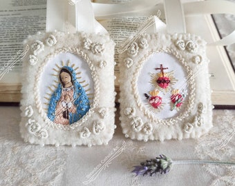 Scapular of the Virgin of Guadalupe and holy family hearts hand embroidered, scapular handfelted, natural wool felt, embroider catholic art