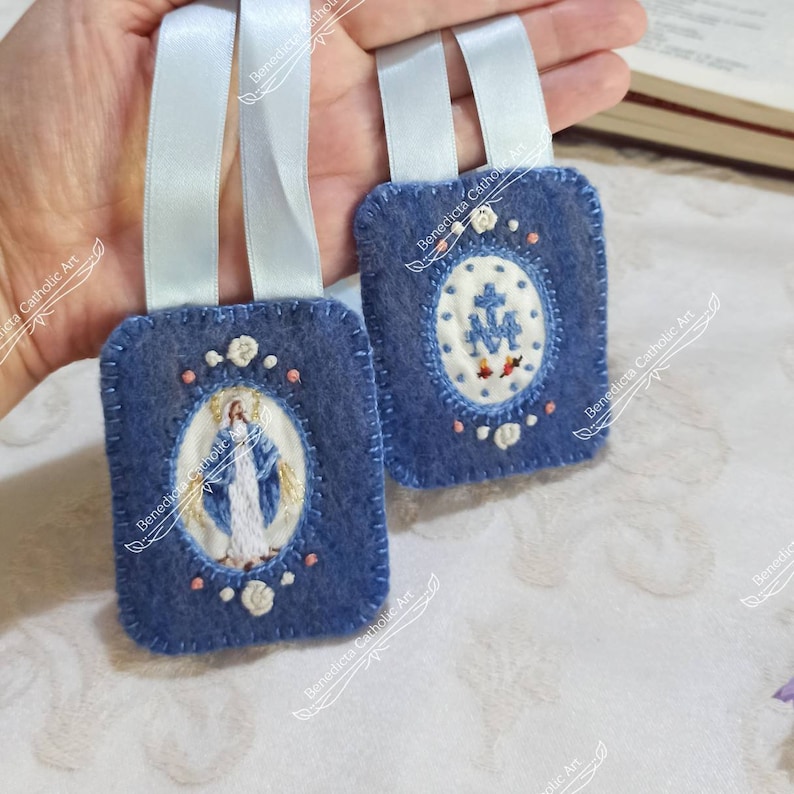 Miraculous Medal Scapular, Hand Embroidered on Satin, Virgin of