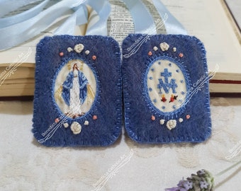 Miraculous Medal scapular, hand embroidered on satin, Virgin of Miraculous Medal blue scapular, hand felting art, catholic handmade jewelry