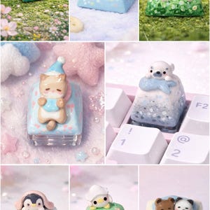 May include: A collection of artisan keycaps featuring various cute animal designs. Each keycap showcases a unique character, including a Snorlax, panda, bear, penguin, and polar bear, all crafted with detailed artistry and vibrant colors.