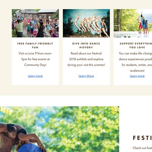 Puede incluir: P&aacute;gina web que promociona un festival con el texto &laquo;Explora el festival&raquo;. Incluye im&aacute;genes y texto sobre diversi&oacute;n familiar gratuita, historia de la danza, apoyo a las artes y actuaciones emergentes.