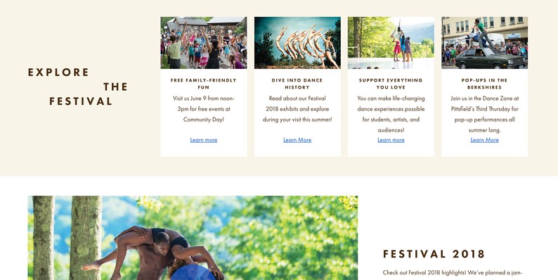 Puede incluir: P&aacute;gina web que promociona un festival con el texto &laquo;Explora el festival&raquo;. Incluye im&aacute;genes y texto sobre diversi&oacute;n familiar gratuita, historia de la danza, apoyo a las artes y actuaciones emergentes.