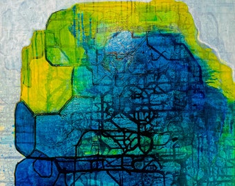 May include: Abstract painting with a blue and green color scheme. The painting features a large, central shape with a complex, geometric pattern. The background is a light gray.