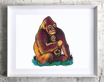 Watercolor Gorilla Mom and Baby Print, Safari Nursery Art
