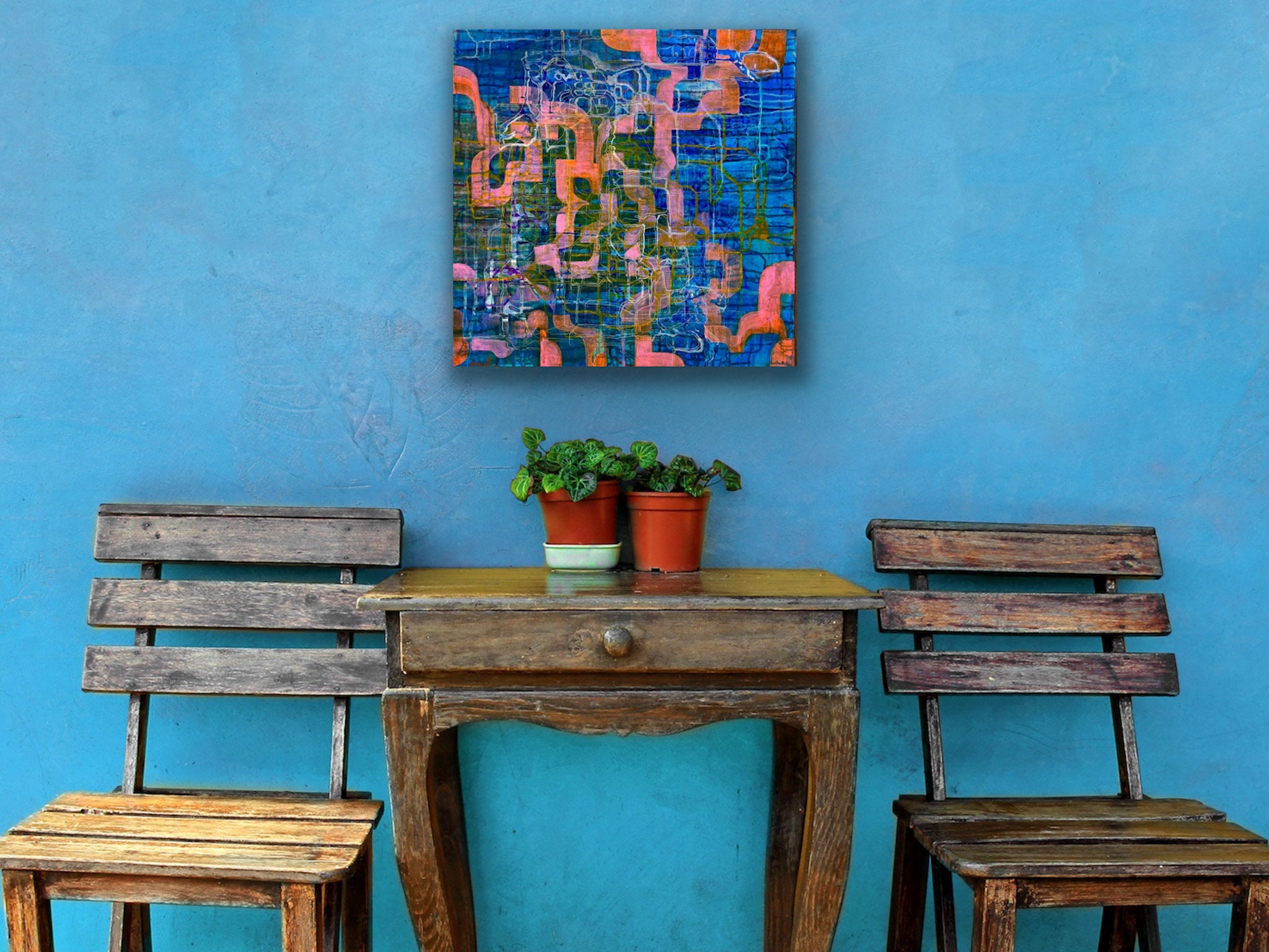 青とオレンジの抽象アクリル画、モダンでカラフルなアート（24インチ