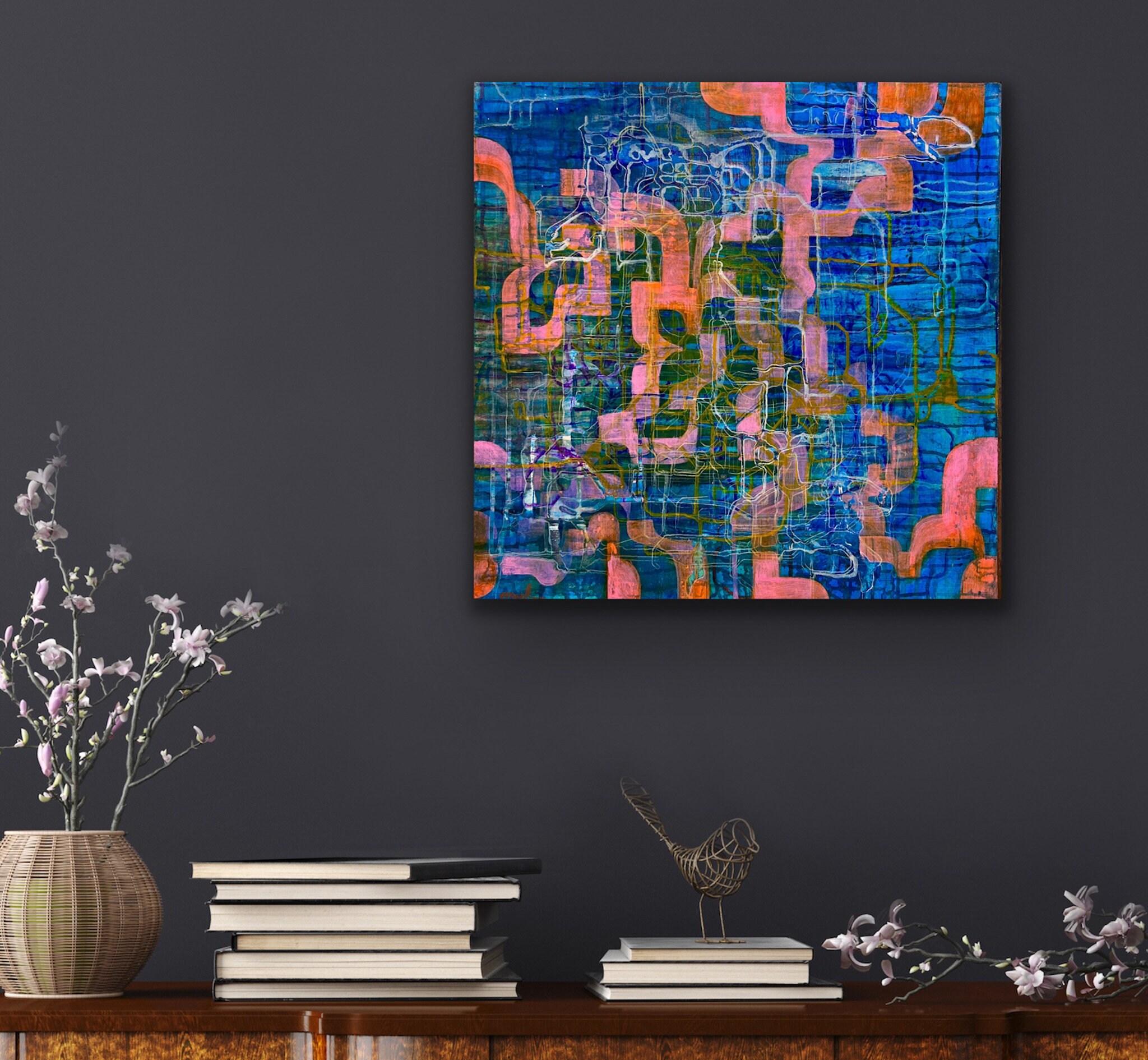 青とオレンジの抽象アクリル画、モダンでカラフルなアート（24インチ