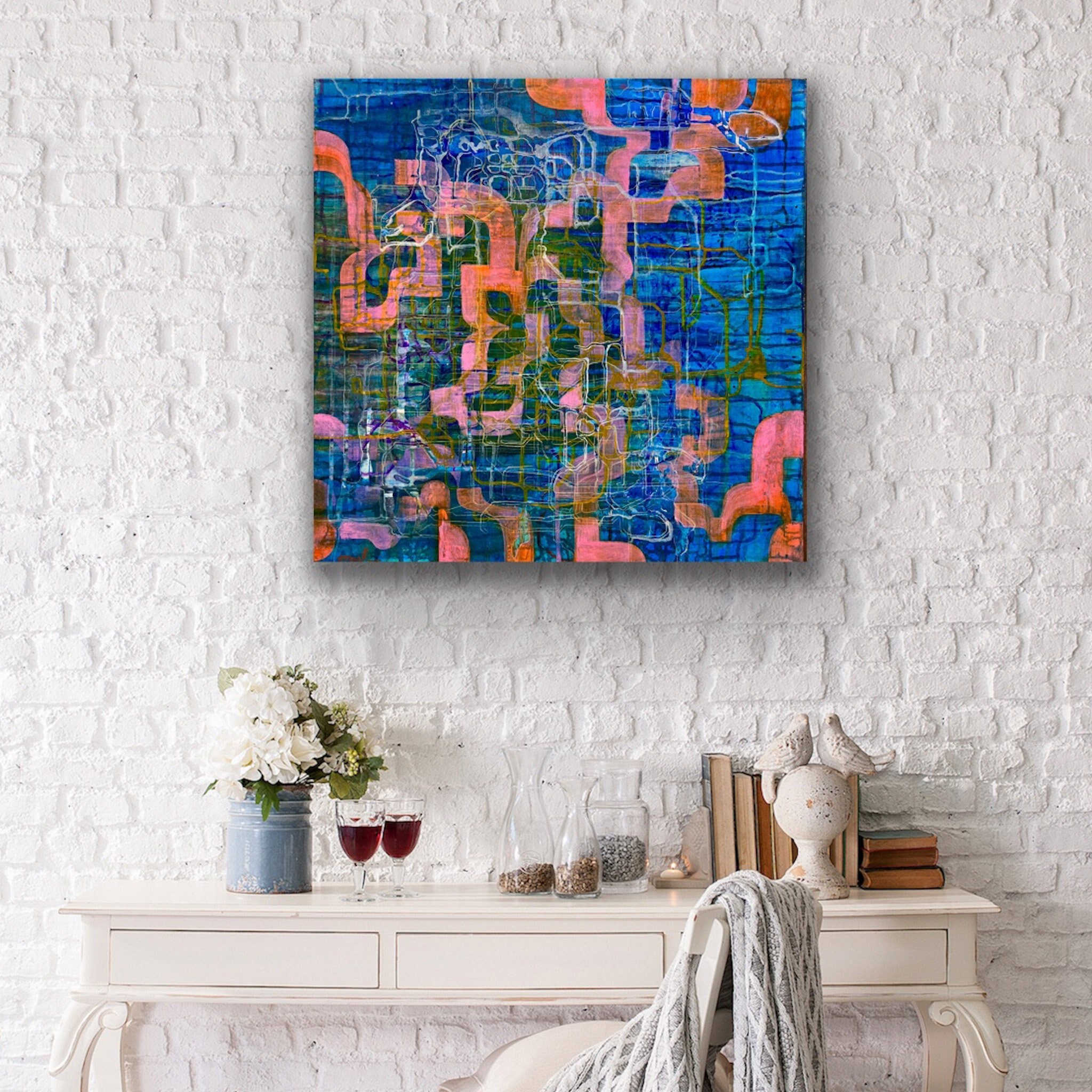 青とオレンジの抽象アクリル画、モダンでカラフルなアート（24インチ