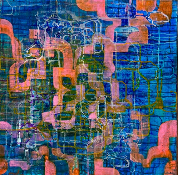 青とオレンジの抽象アクリル画、モダンでカラフルなアート（24インチ