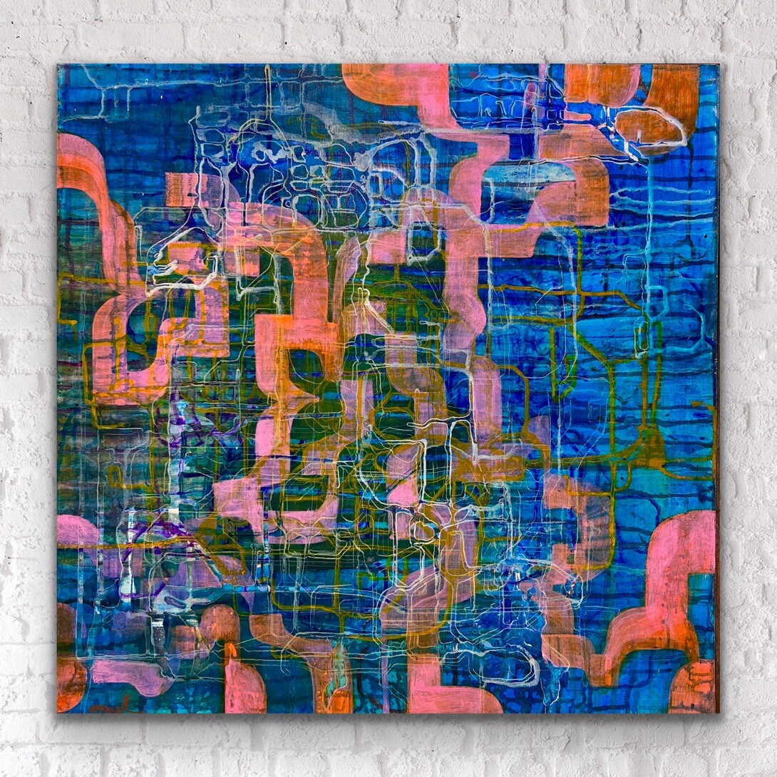 抽象アクリル画 青とオレンジ 青とオレンジの抽象アクリル画、モダンでカラフルなアート（24インチ