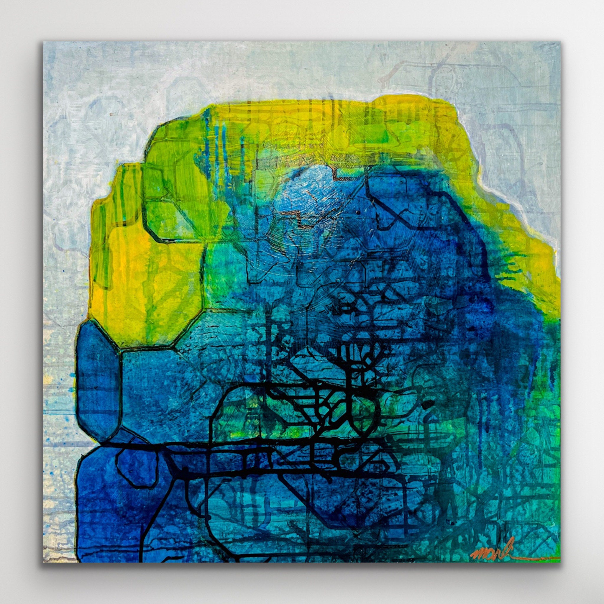 抽象油彩画 青と黄色 青と黄色の抽象画、モダンなアクリル画 24インチ×24インチ、すぐに掛け
