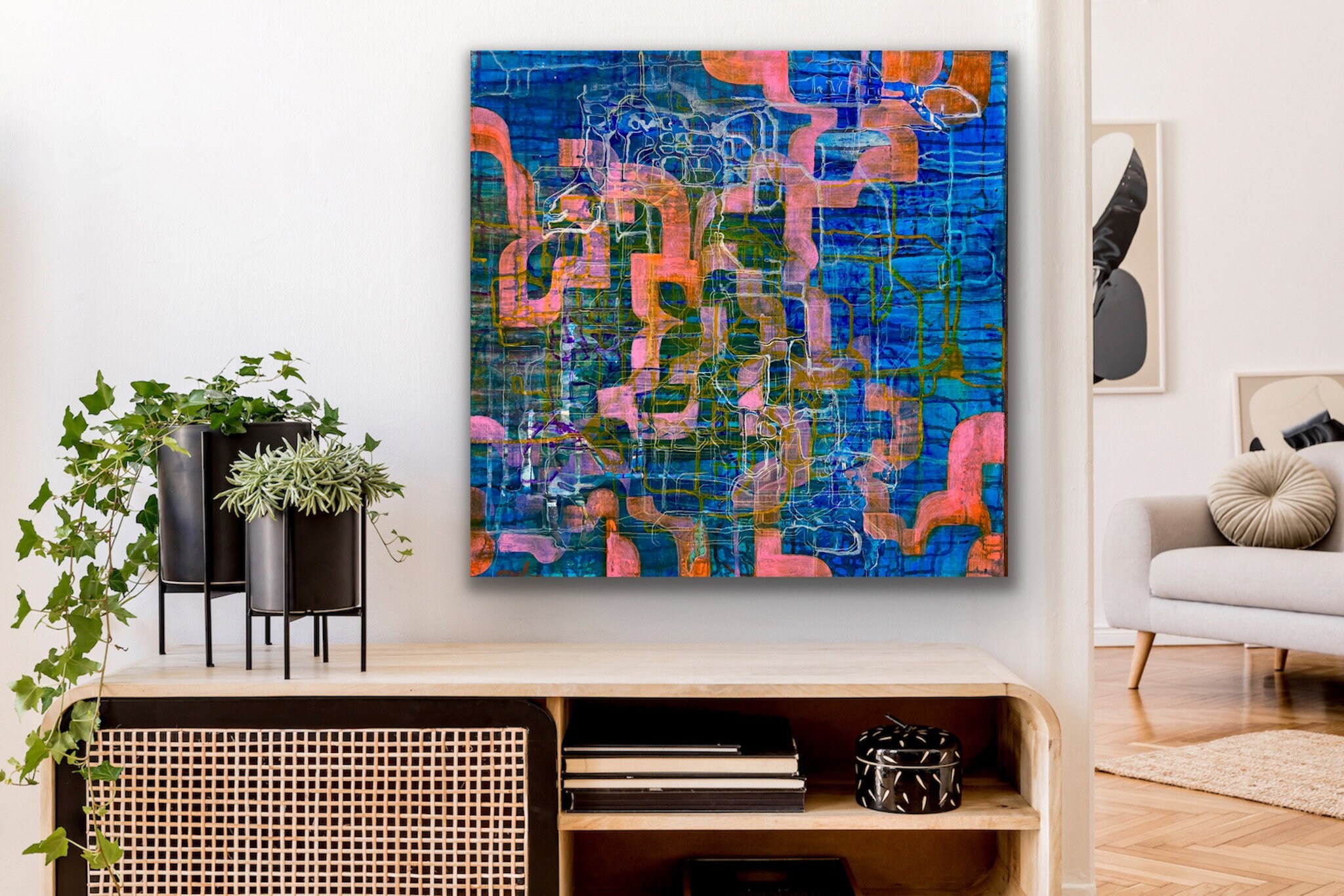 青とオレンジの抽象アクリル画、モダンでカラフルなアート（24インチ