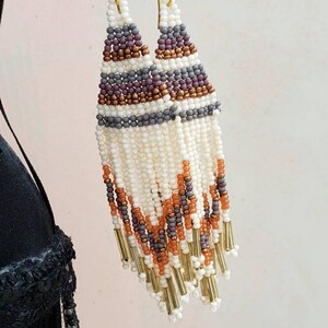 Boho Fringe Earrings, Neutral Tone Woven Bead Earrings, Southwestern Large Statement Earrings, Multicolor Handmade Jewelry