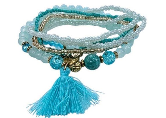 Bracciali Boho Turchese - Set Stratificato Con Perline Legno E