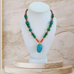 Magnesite Turquoise Coral Azurite Chunky Southwest Necklace Bold Statement Necklace Handmade Jewelry Gift for Her Boho Style