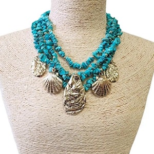 Türkis & Muschelperlen Halskette | Blaue Statement Halskette | Handgemachter Damenschmuck | Geschenk für Sie | Halskette im Boho-Stil