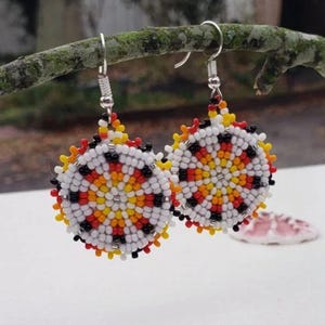 White Yellow Beaded Earrings Native Style Women Jewelry Ethnic Artisan Tribal Medallion Earrings Handmade Statement Gift