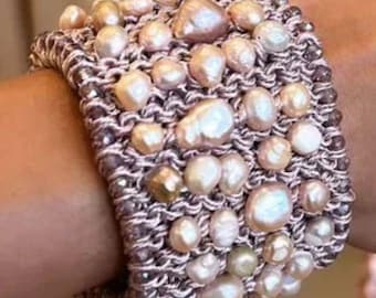 Pastel Pink Pearl Crochet Cuff Bracelet: Chunky Boho Statement Jewelry