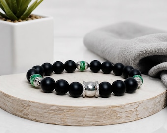 Black  Onyx  Bracelet  Green Jade Beaded Bracelet  Men Women  Bead Jewelry Gift For Dad