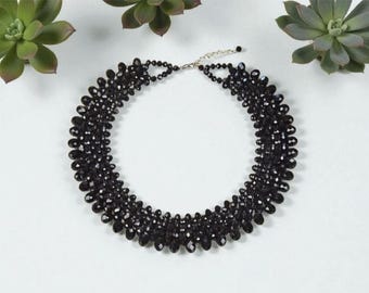 Black Crystal Statement Choker: Handmade Vintage Necklace