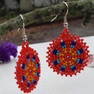 Red Handmade Beaded Earrings for Women Native Style Boho Jewelry Red Medallion Statement Earrings Festival Beadwork Gift Multicolor Earrings