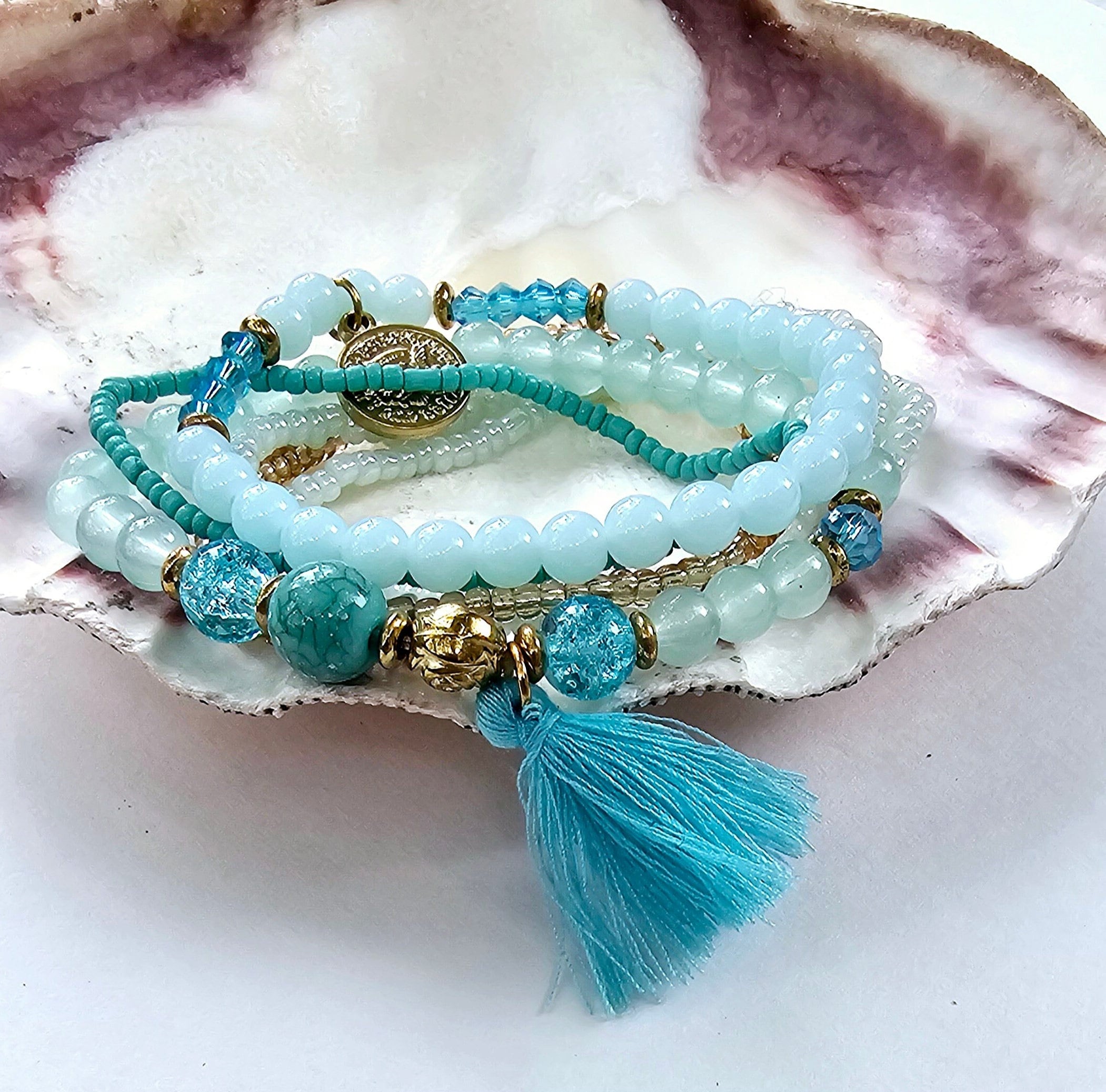 Bracciale Multistrato Bohémien Con Perline Turchesi E Nappa - Elastico, Gioiello Unisex - 2