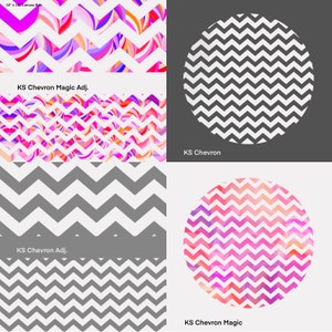 May include: Four different chevron patterns, two with a white background and gray chevron, and two with a pink, orange, and purple watercolor effect. The text "KS Chevron Magic Adj." is at the top of the image, and the text "KS Chevron Magic" is at the bottom of the image.