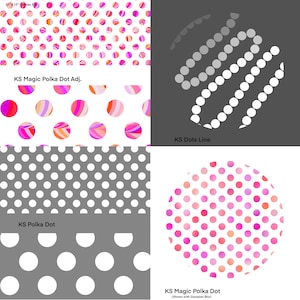 May include: Four different polka dot patterns, including a white background with pink and orange polka dots, a gray background with white polka dots, a white background with pink and orange polka dots with a blurred effect, and a gray background with white polka dots in a line.