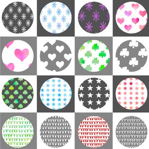May include: A set of 12 digital paper patterns featuring various designs, including snowflakes, hearts, shamrocks, stars, and Christmas lights. The patterns are in a variety of colors, including white, blue, green, red, and pink.