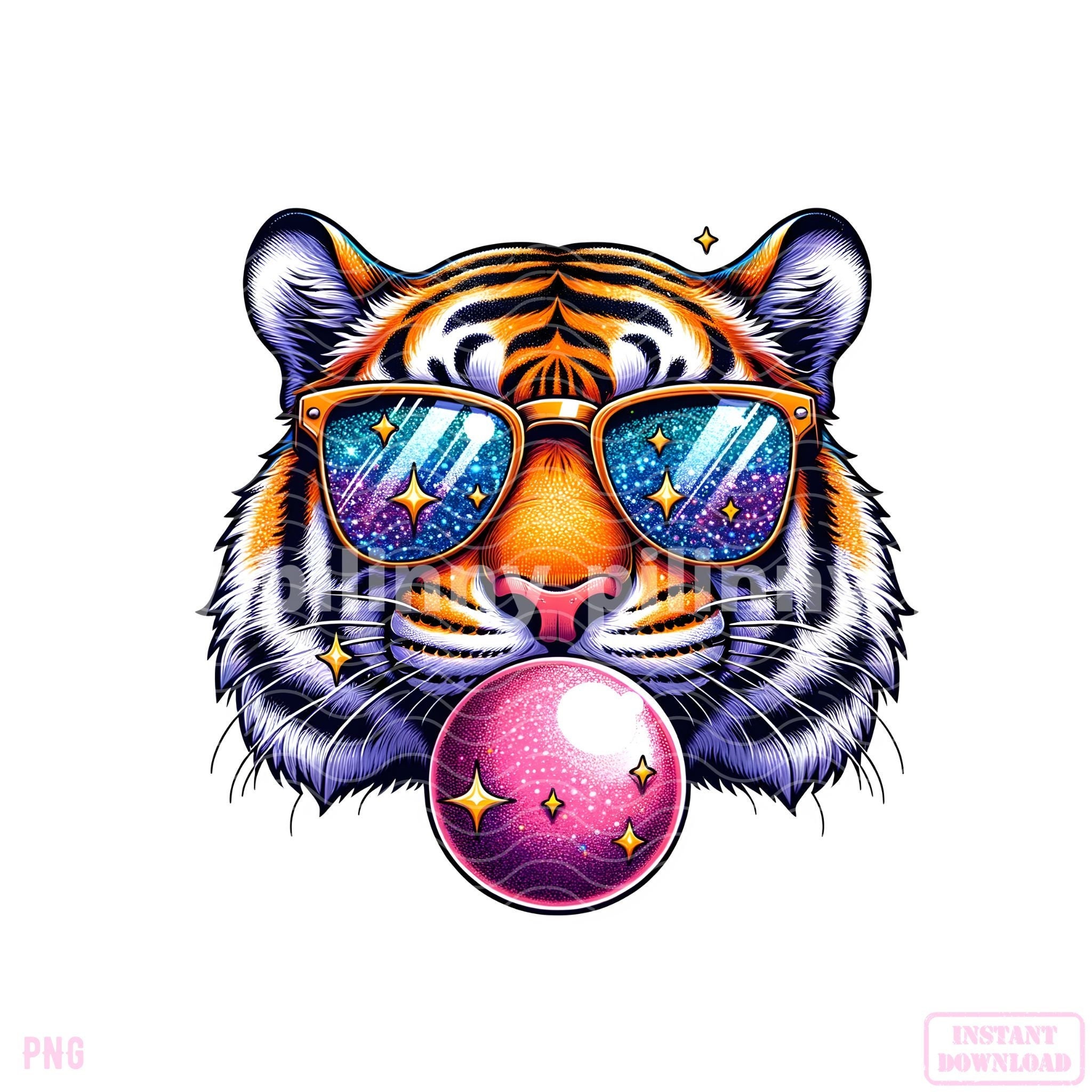 Tigers PNG, Tiger and bubbles gum, Tiger Mascot Spirit Shirt Sublimation Design Tigers Sweatshirt Star Eyes Sparkly Glitter Instant Download