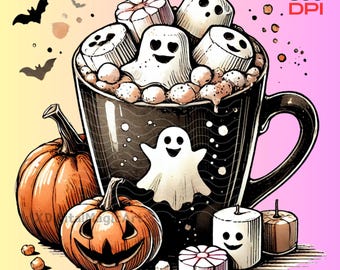 Halloween Ghost Hot Cocoa PNG, Watercolor Pumpkin Spice Latte Clipart,Spooky Halloween Coffee Mug Design,Fall Cozy Drink Art for Sublimation